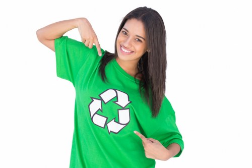 A young woman with long dark hair and a smile is wearing a bright green T-shirt featuring a white recycling symbol. She is pointing to the recycling symbol with her right hand while using her left hand to point at her chest, standing against a plain white background. The image emphasizes environmentally conscious themes associated with waste management and recycling. The overall presentation is professional and friendly, with the focus on promoting sustainability and responsible rubbish disposal. This visual style aligns with the values of rubbish removal services such as those offered by Garden Clearance Brompton, known locally for efficient clearance in the Brompton area. The emphasis on recycling and environmental awareness underscores the importance of responsible rubbish disposal, making it relevant for a Brompton-based garden clearance service website that aims to highlight eco-friendly waste management practices.